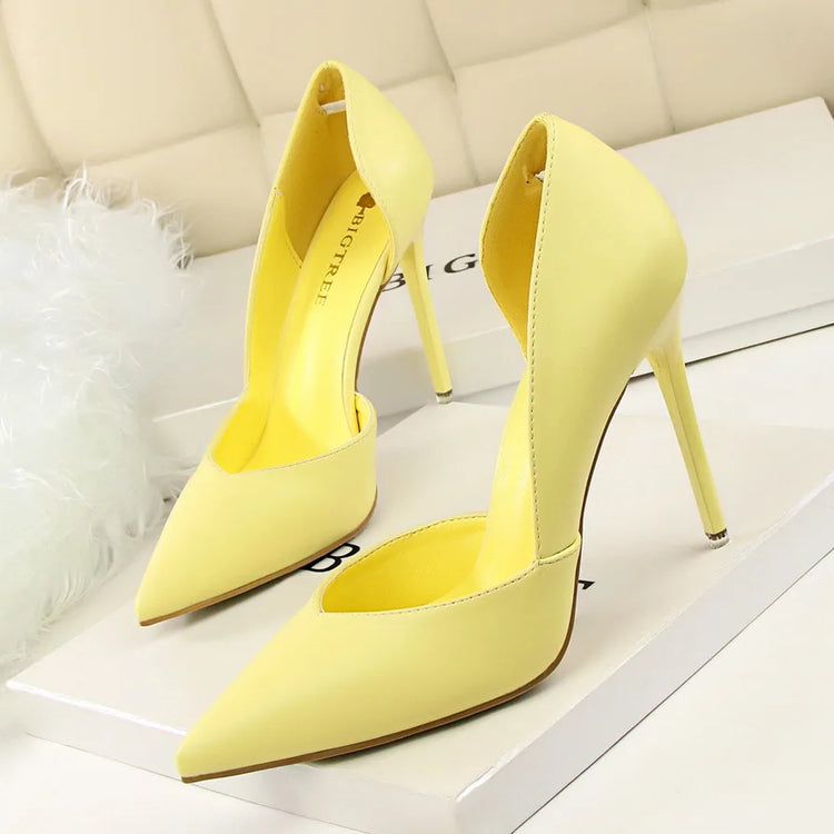 Donne di estate 10.5 centimetri Tacchi Alti Pompe di Pelle Femminile Escarpins Elegante Dolce Giallo Rosa Stiletto Della Signora Tacchi Da Sposa Scarpe Cave