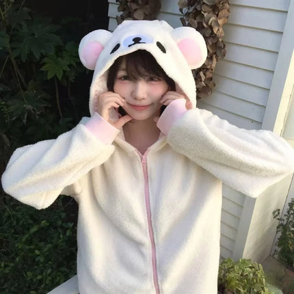 Cute Japan Bear Sleepwear Rilakkuma Y2K Hoodie Pajama Set Girls Fleece Lined Hooded Homewear Suit Autumn Winter Loungewear New