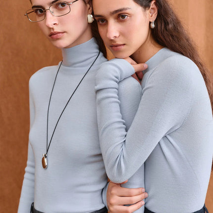FSLE【Premium Series】German Biella Wool Autumn Super Fine Washable Seamless One-Piece Mock Neck Thermal Base Layer Shirt Women PlatiNum
