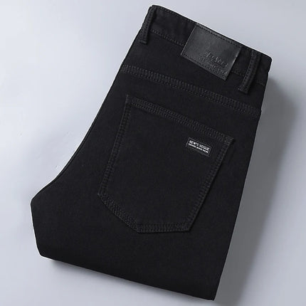 Winter Pure Black Fleece Thick Warm Jeans Men's Slim Straight Elastic Denim Pants Casual Male Clothing Fashion Plush Trousers