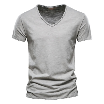 Men's 100% Cotton Branded Quality T-shirt V-Neck Fashion Design Slim Fit Solid Men's T-shirt Top Tees Short Sleeve T-shirt for Men