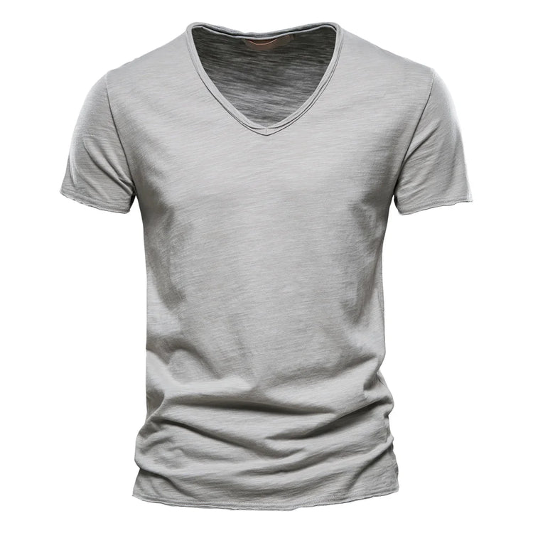 T-shirt da uomo in cotone 100% di qualità del marchio con scollo a V Fashion Design Slim Fit Soild T-shirt da uomo Top Tees T-shirt a maniche corte per uomo