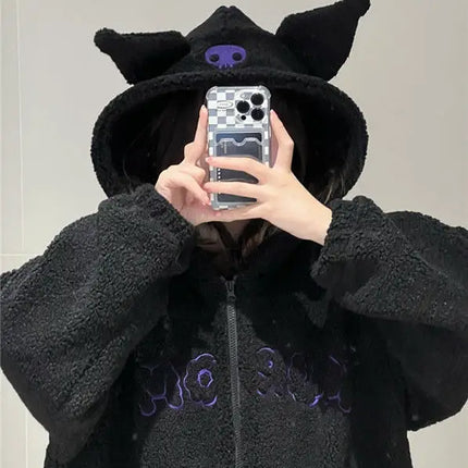 Sanrio Anime Kuromi Clothes Women Black Embroidery Hoodies Y2k Tops Autumn Winter Thin Coat Female Fashion Loose Sweatshirt