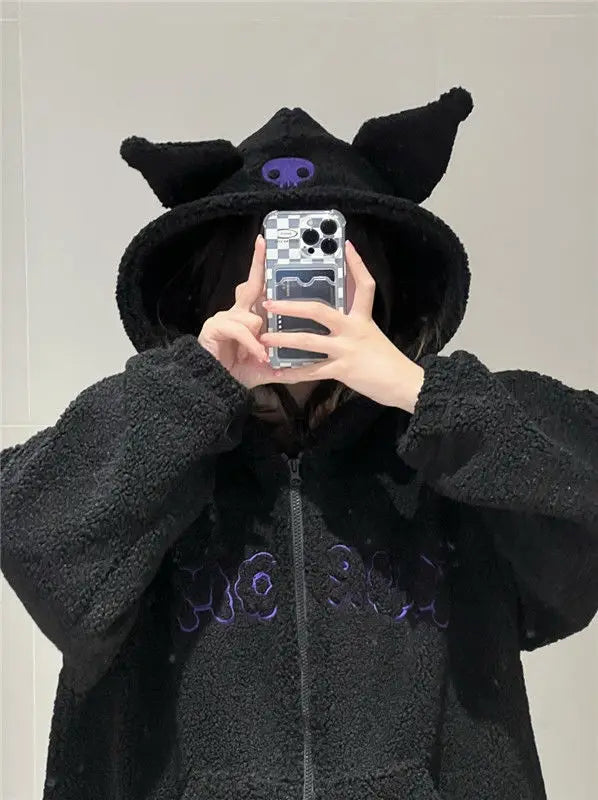Sanrio Anime Kuromi Clothes Women Black Embroidery Hoodies Y2k Tops Autumn Winter Thin Coat Female Fashion Loose Sweatshirt