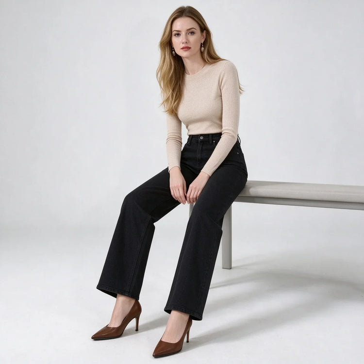 Women High Waist Black Flared Stretch Jeans, Loose Fit Denim Pants with Stitching Details, Elegant Casual Fashion Trousers for All Seasons, Sizes XS-XL Fx1338-1