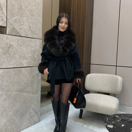 Lady Faux Fur Collar Cuffs Patchwork Short Overcoat  Belted Lace Up Loose Warm Jacket New Winter Daily Street Women's Outerwear