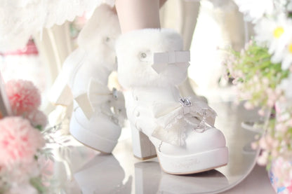 Original Japanese Sweet Cute Style Versatile Bow High Heel Boots Autumn Winter Mass-Produced Rhinestones Fur Short Boots