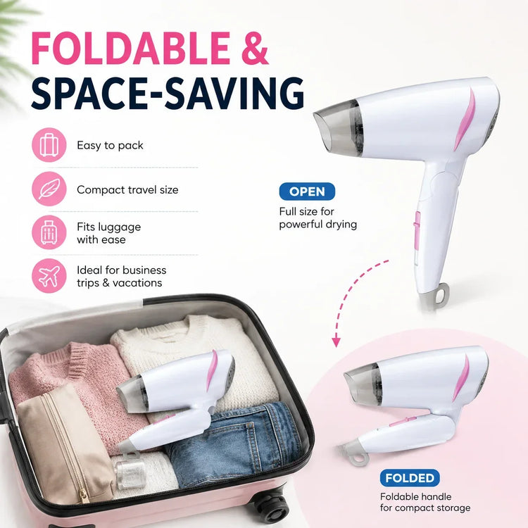 1600W Dual Voltage Hair Dryer Foldable Design 100-240V Portable Travel Hairdryer Hot Cold Air Styling Tool Hotel Use