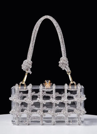 Classic 2025 Acrylic Box Bag with Woven Diamond Rope Handheld Evening Women's Bag Transparent Dinner Handbag European Style PlatiNum