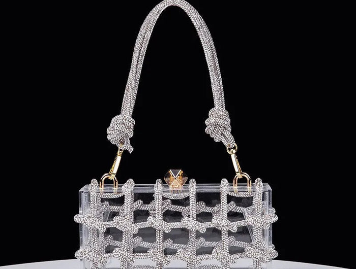 Classic 2025 Acrylic Box Bag with Woven Diamond Rope Handheld Evening Women's Bag Transparent Dinner Handbag European Style PlatiNum