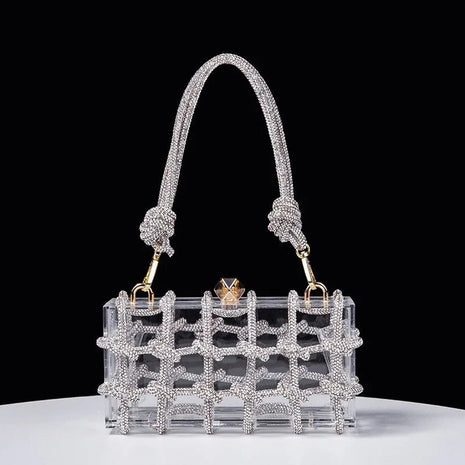 Classic 2025 Acrylic Box Bag with Woven Diamond Rope Handheld Evening Women's Bag Transparent Dinner Handbag European Style PlatiNum