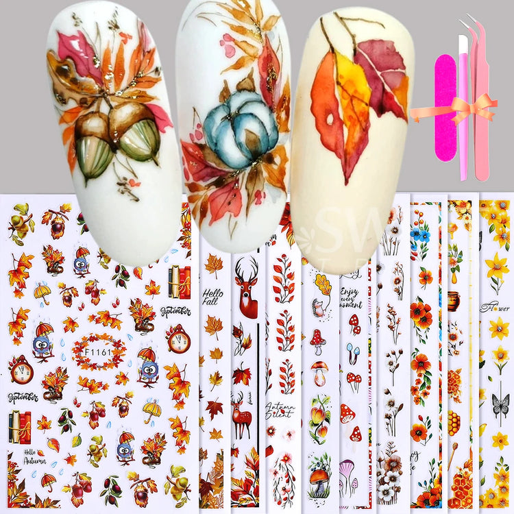 10pcs/set 3D Autumn Pumpkin Nail Stickers Maple Leaf Flower Self-Adhesive Nail Decal Slider Thanksgiving DIY Manicure Decoration
