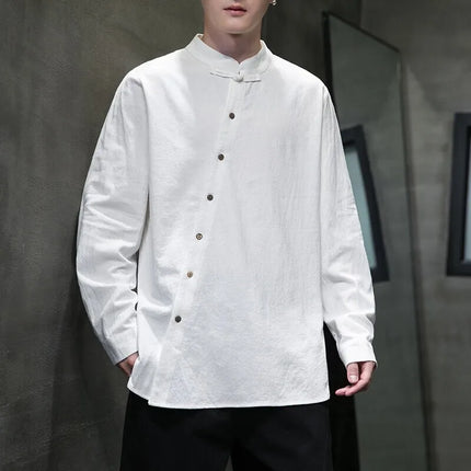 Camicie di lino in cotone Stile cinese Abito tradizionale retrò Tang Top da uomo Kung Fu Tai Chi Camicie casual a maniche lunghe in tinta unita da uomo