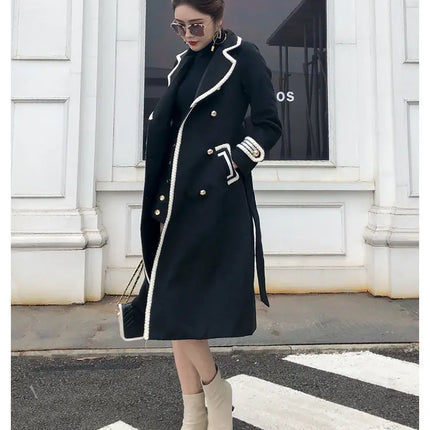 Women White Long Woolen Coat Autumn Winter British Hepburn Style Thicken Slim Double-Breasted Woolen Coat New Women Outwear