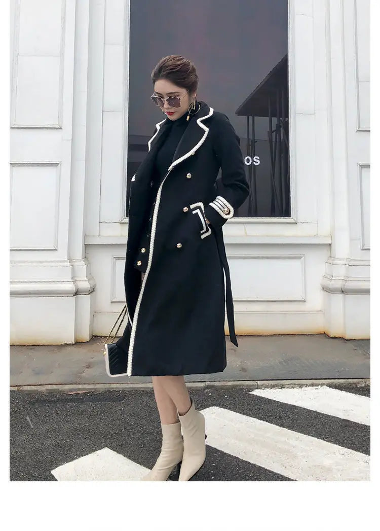 Women White Long Woolen Coat Autumn Winter British Hepburn Style Thicken Slim Double-Breasted Woolen Coat New Women Outwear