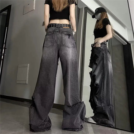 Jeans strappati unici e alla moda da donna, estivi, in stile americano, a zampa d'elefante, vestibilità ampia, versatili, a gamba dritta, lunghi