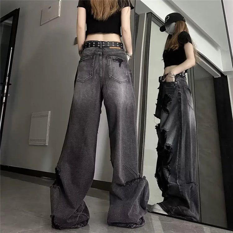 Jeans strappati unici e alla moda da donna, estivi, in stile americano, a zampa d'elefante, vestibilità ampia, versatili, a gamba dritta, lunghi