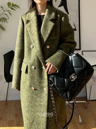 High-end Thick Double-sided Wool Coat Female Fashion Long  Autumn Winter Lapel Double Breasted Wool Coat Women Loose Outerwear