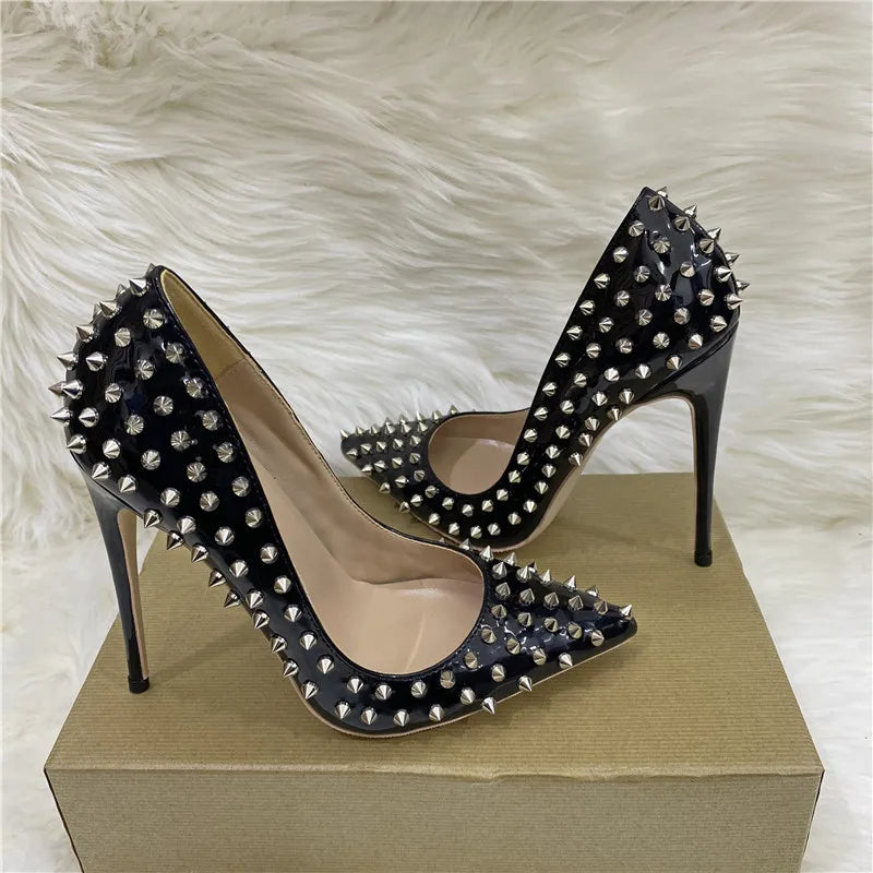 Super Thin Heel 8 10 12CM Sexy All Spikes Rivets Women Pumps Pointed Toe Super High Heels Party Nightclub Fashion Shoes Size 46
