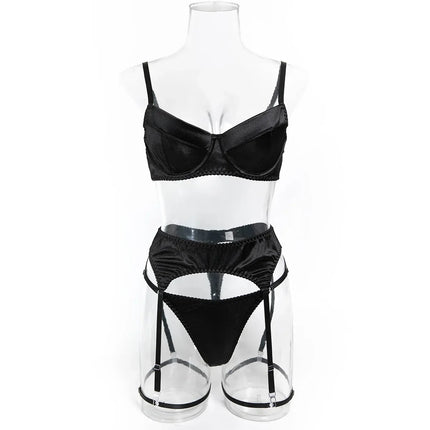 Ellolace Elegant Women's Lingerie Sets Premium Satin Solid Bra 5PC Sexy Daily Youth Hot Girl's Underwear Private Party Costume
