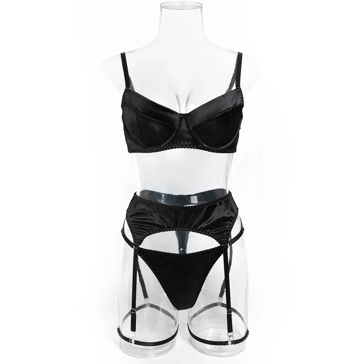 Ellolace Elegant Women's Lingerie Sets Premium Satin Solid Bra 5PC Sexy Daily Youth Hot Girl's Underwear Private Party Costume