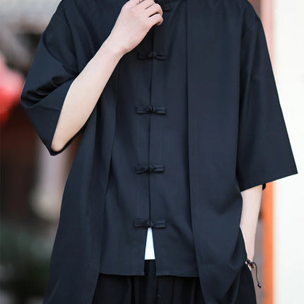 Camicia cinese da uomo in seta di ghiaccio stile cinese comoda camicia retrò traspirante da uomo casual estiva vestibilità ampia moda tinta unita
