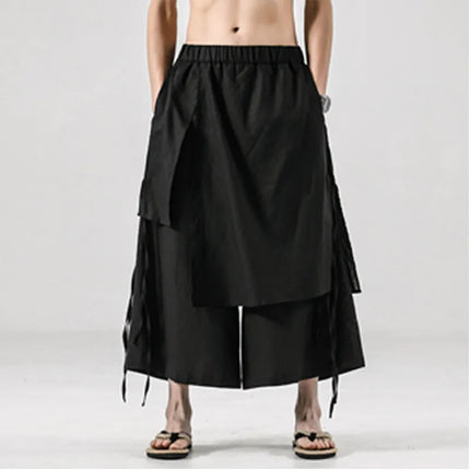Pantaloni da uomo irregolari in cotone e lino, stile Harajuku, a gamba larga, tinta unita, casual, con elastico in vita, vestibilità ampia, stile punk