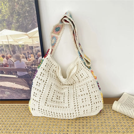 Borsa tote da donna in stile boho con motivo floreale all'uncinetto, borsa a tracolla in maglia intrecciata di grande capacità, borsa da spiaggia estiva per ragazze