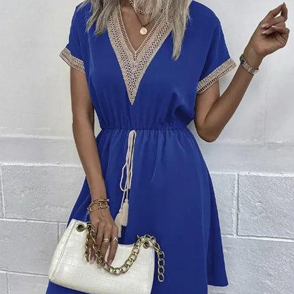 Abito corto longuette da spiaggia femminile con scollo a V in pizzo a maniche corte tinta unita estivo Abiti eleganti da donna in tinta unita bianco dolce platinumshop