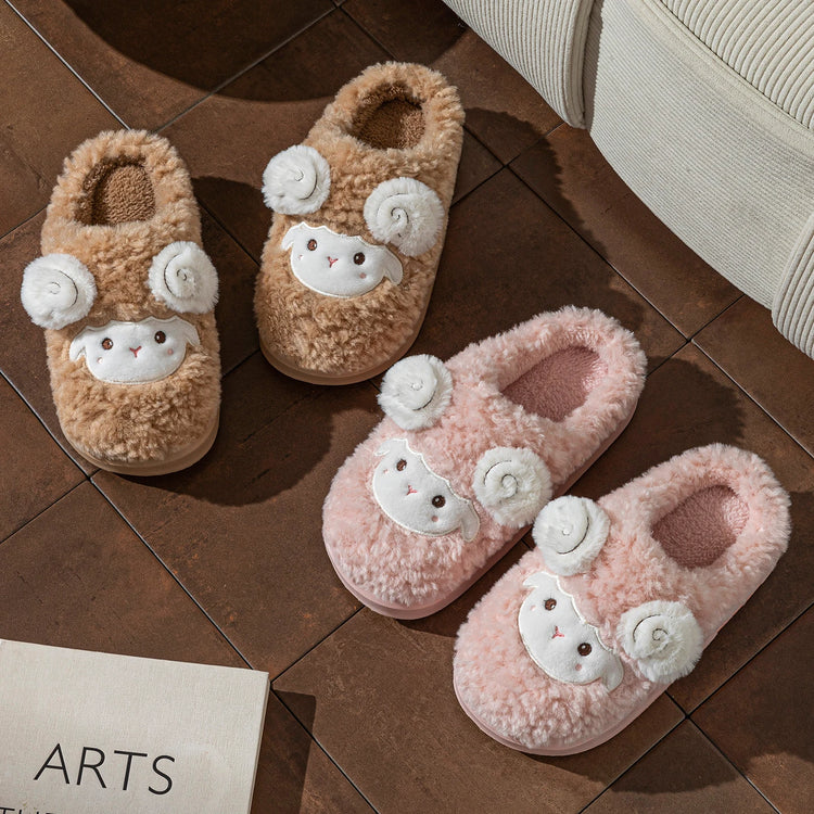 Cute Little Sheep Plush Slippers Women Winter Warm Thick Soft Sole House Shoes Indoor Fuzzy Non-Slip Comfortable Home Slides