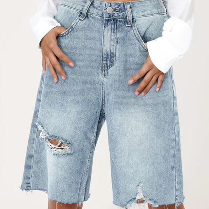 Benuynffy Bf Style Raw Hem Denim Shorts Women's Streetwear High Waist Hip Hop Loose Ripped Straight Wide Leg Half Shorts Jeans PlatiNum