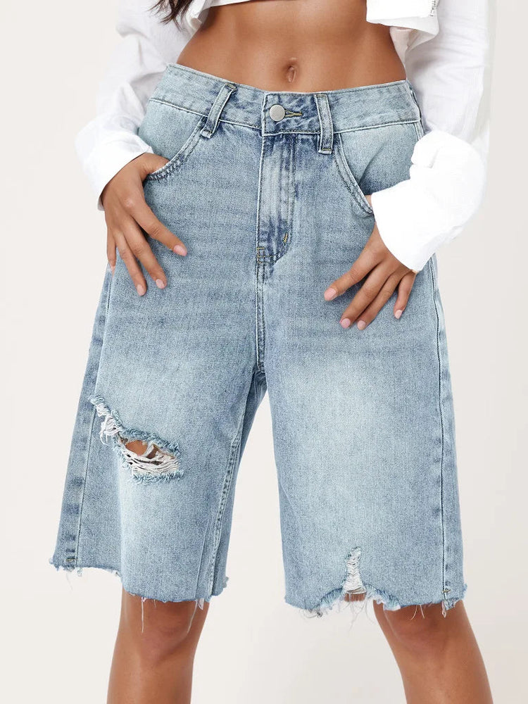Benuynffy Bf Style Raw Hem Denim Shorts Women's Streetwear High Waist Hip Hop Loose Ripped Straight Wide Leg Half Shorts Jeans PlatiNum