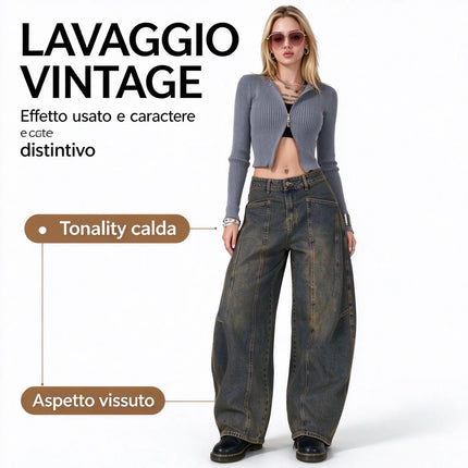Women’s High-Waisted Wide-Leg Curved Jeans, Rust-Brown Vintage-Wash Denim with Vertical Stitching and Front Pockets, Casual Retro-Style Trousers for Everyday Wear  YW-1855