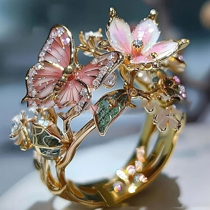 Aesthetic Flower Butterfly Rings for Female Romantic Rhinestone Stylish Non-fading Opening Ring Women Wedding Jewelry Party Gift PlatiNum