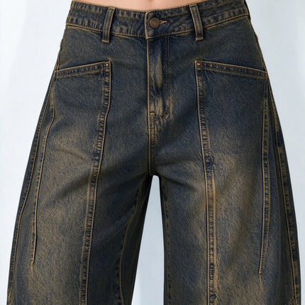 Women’s High-Waisted Wide-Leg Curved Jeans, Rust-Brown Vintage-Wash Denim with Vertical Stitching and Front Pockets, Casual Retro-Style Trousers for Everyday Wear  YW-1855