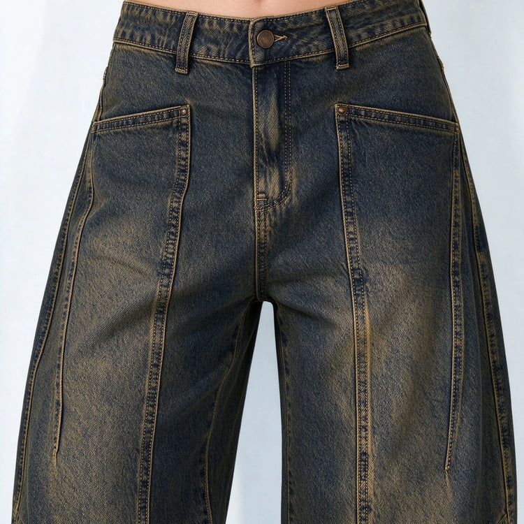 Women’s High-Waisted Wide-Leg Curved Jeans, Rust-Brown Vintage-Wash Denim with Vertical Stitching and Front Pockets, Casual Retro-Style Trousers for Everyday Wear  YW-1855