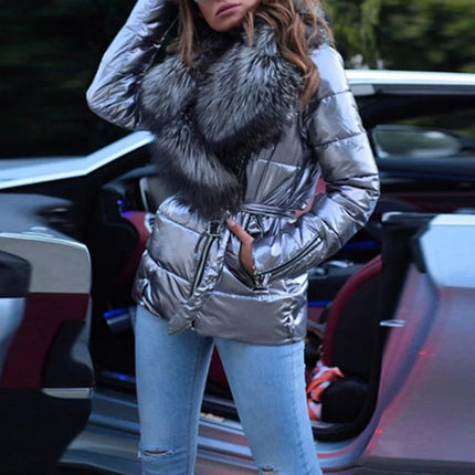 Ladies Winter Warm Shiny Short Coat Thick Fake Fur Collar Long Sleeve Jacket