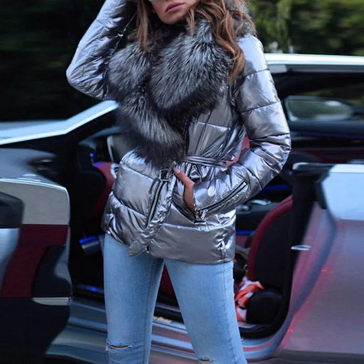 Ladies Winter Warm Shiny Short Coat Thick Fake Fur Collar Long Sleeve Jacket