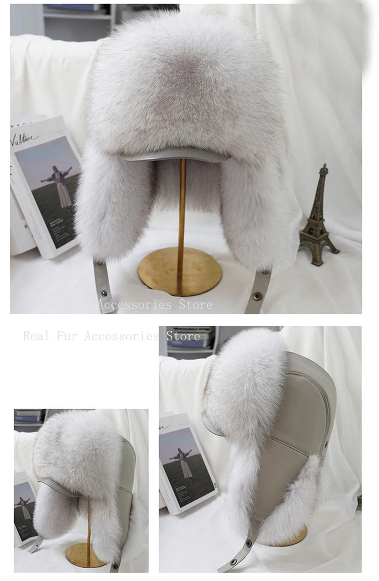 New Winter Men's 100% Real Silver Fox Fur Bomber Hat Raccoon Fur Ushanka Cap Trapper Russian Man Ski Hats Caps Real Leather