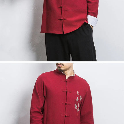 Camicie a maniche lunghe da uomo Ricamo tradizionale in cotone e lino Casual Tang Suit Cardigan da uomo Camicette Kung Fu retrò stile cinese da uomo
