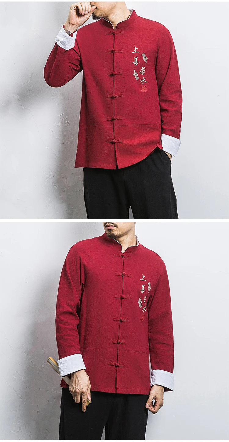 Camicie a maniche lunghe da uomo Ricamo tradizionale in cotone e lino Casual Tang Suit Cardigan da uomo Camicette Kung Fu retrò stile cinese da uomo