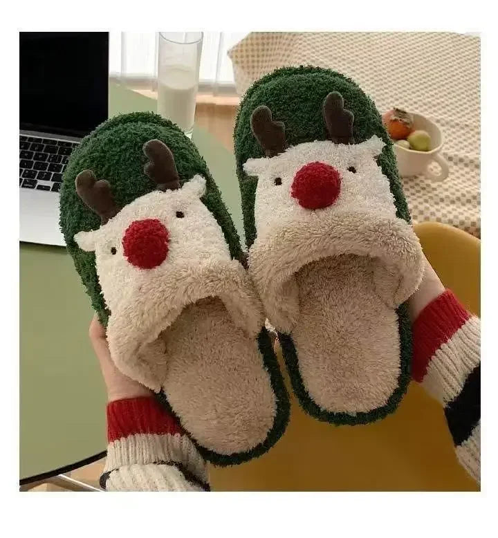 Winter Christmas Women Home Slippers Men Indoor Soft Non-slip Sandals Couples Warm Plush Flat Slides Adults Unisex Lovely Shoes