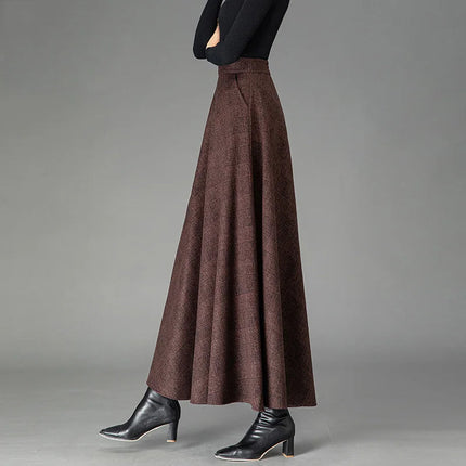 New Women Woolen Plaid Skirt Autumn Winter Fashion Elastic High Waist A-Line Wool Blended Long Skirt Simplicity Vintage Skirt PlatiNum