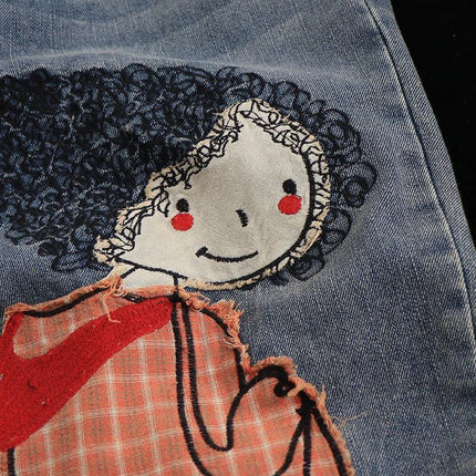 Primavera nuova corea moda Patch disegni cartone animato ricamo Jeans larghi da donna vita elastica pantaloni Casual in Denim di cotone Harem V987