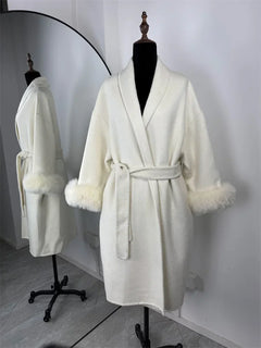 Elegant Lace Up Woolen Short Coat Solid Loose Lapel Furry Long Sleeve Belt Waist Jacket 2026 Spring Autumn Lady Chic Cardigan