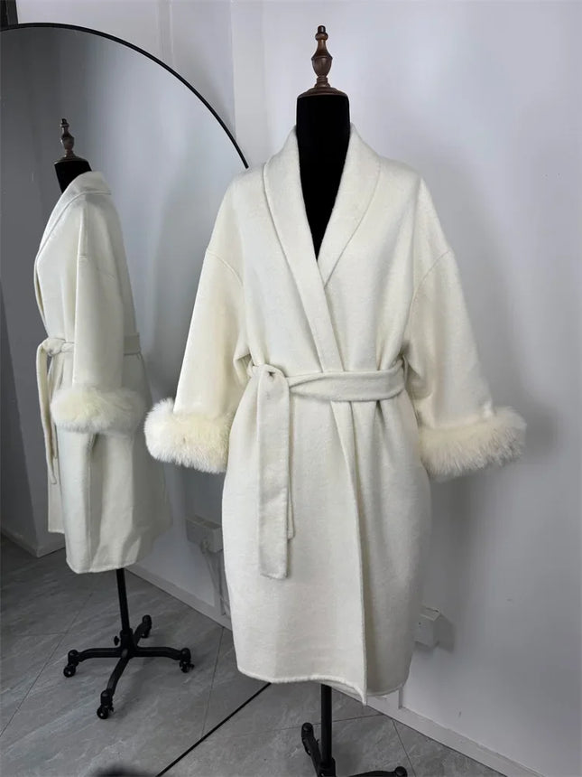 Elegant Lace Up Woolen Short Coat Solid Loose Lapel Furry Long Sleeve Belt Waist Jacket 2026 Spring Autumn Lady Chic Cardigan