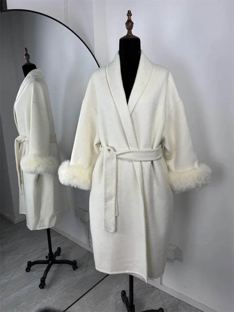 Elegant Lace Up Woolen Short Coat Solid Loose Lapel Furry Long Sleeve Belt Waist Jacket 2026 Spring Autumn Lady Chic Cardigan