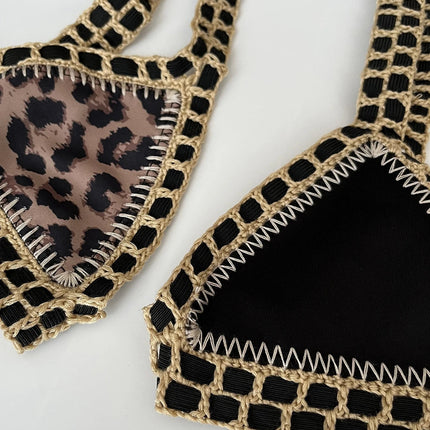 Set bikini reversibile leopardato fatto a mano all'uncinetto Set costumi da bagno neri a bordo piscina blu Paisley costume da bagno di lusso maillot de bain femme PlatiNum