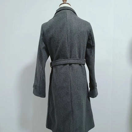 New Solid Color Button Long Wool Coat Autumn Warm Stand Collar Women Coat Fashion Ladies High Neck Pocket Belt Trench Coat