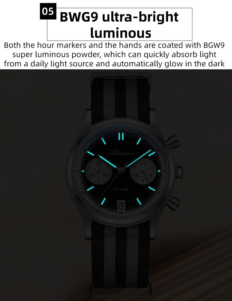 ADDIESDIVE AD2095 Man‘s Chronograph Watch BGW9 Super Luminous 10Bar Waterproof Bubble Mirror Glass VK64 Quartz Steel Wristwatch